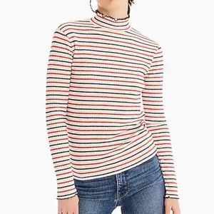 Striped Mock Neck Frilled Ribbed Sweater
